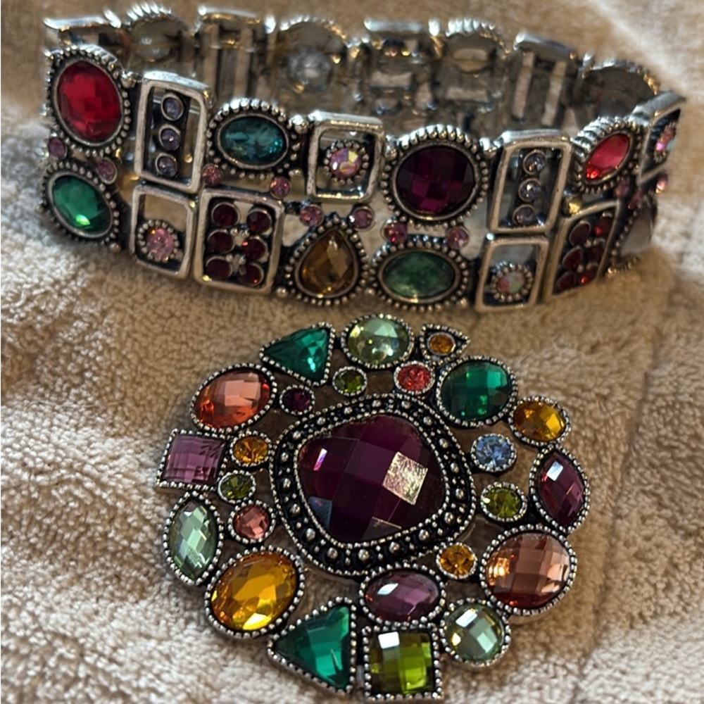 Premier Designs Multicolored Gemstone Bracelet and Brooch